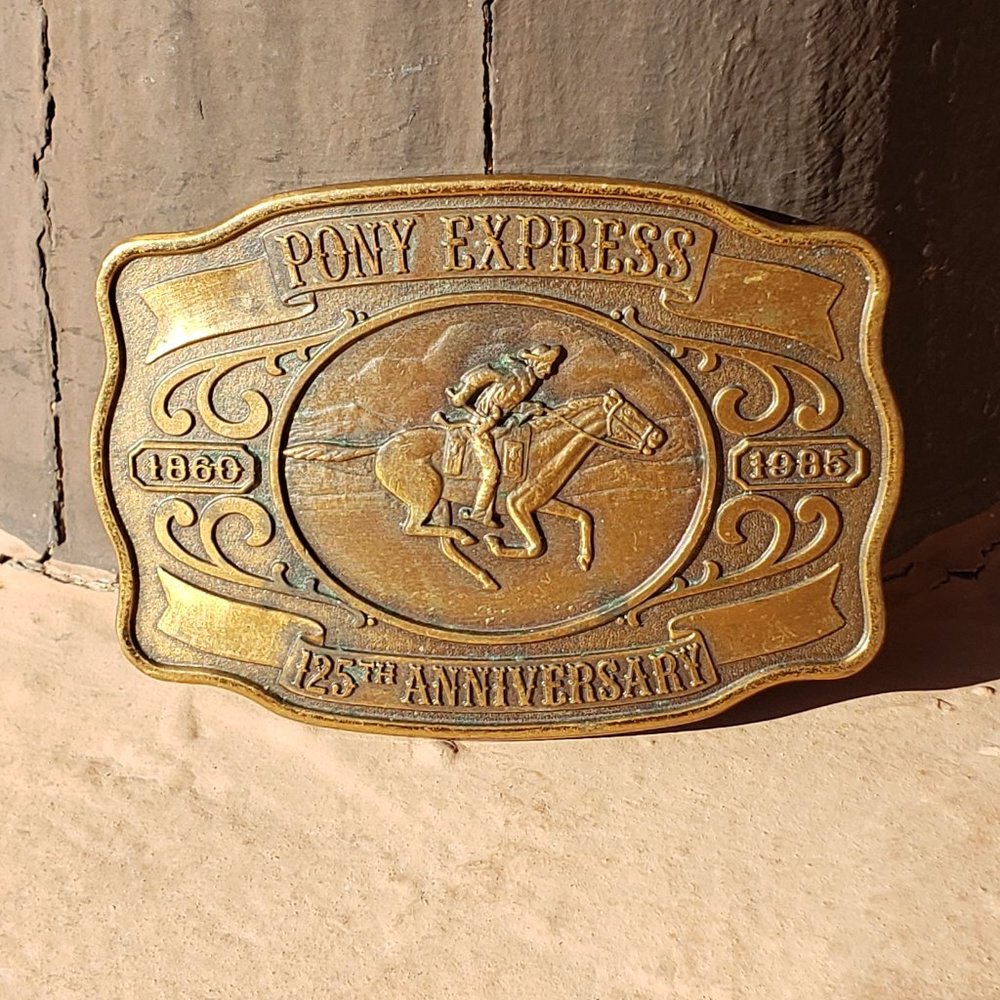 Pony Express 125th Anniversary Jewelers Bronze Belt Buckle Vintage 1985